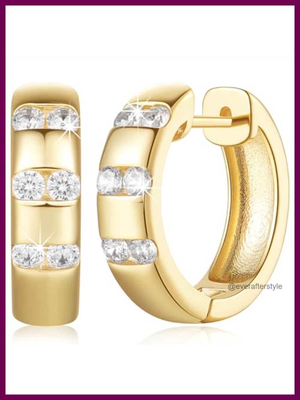 14K Gold Plated Hoop Earrings Cubic Zirconia Triple Row 18.8mm